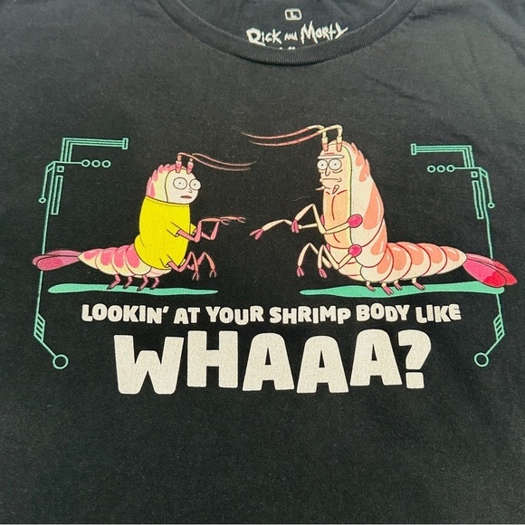 Adult Swim Rick and Morty Shrimp Body Like Whaaa? Black Graphic T-shirt - Picture 2 of 7